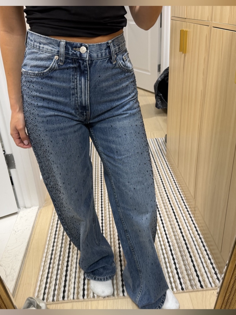 Zara TRF Rhinestone Wide-Leg Jeans Blue Waist